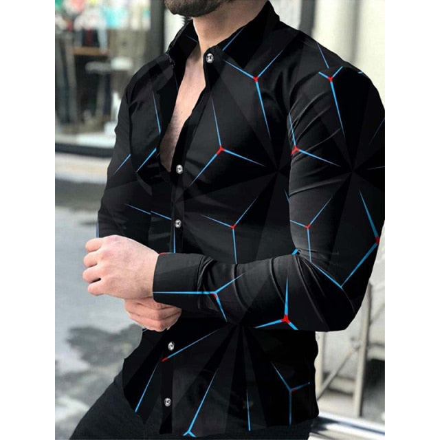 Men's Casual Diamond Print Long Sleeve Shirt