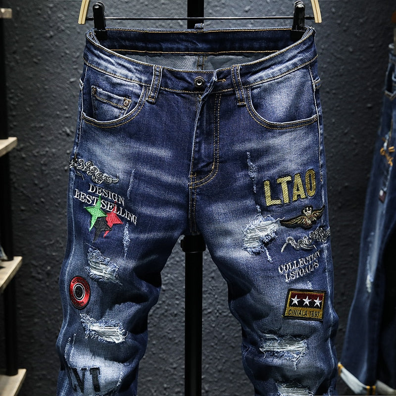Men's Stitching Embroidery Jeans
