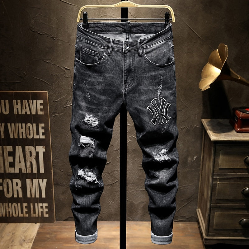 Men's Embroidered Ripped Jeans